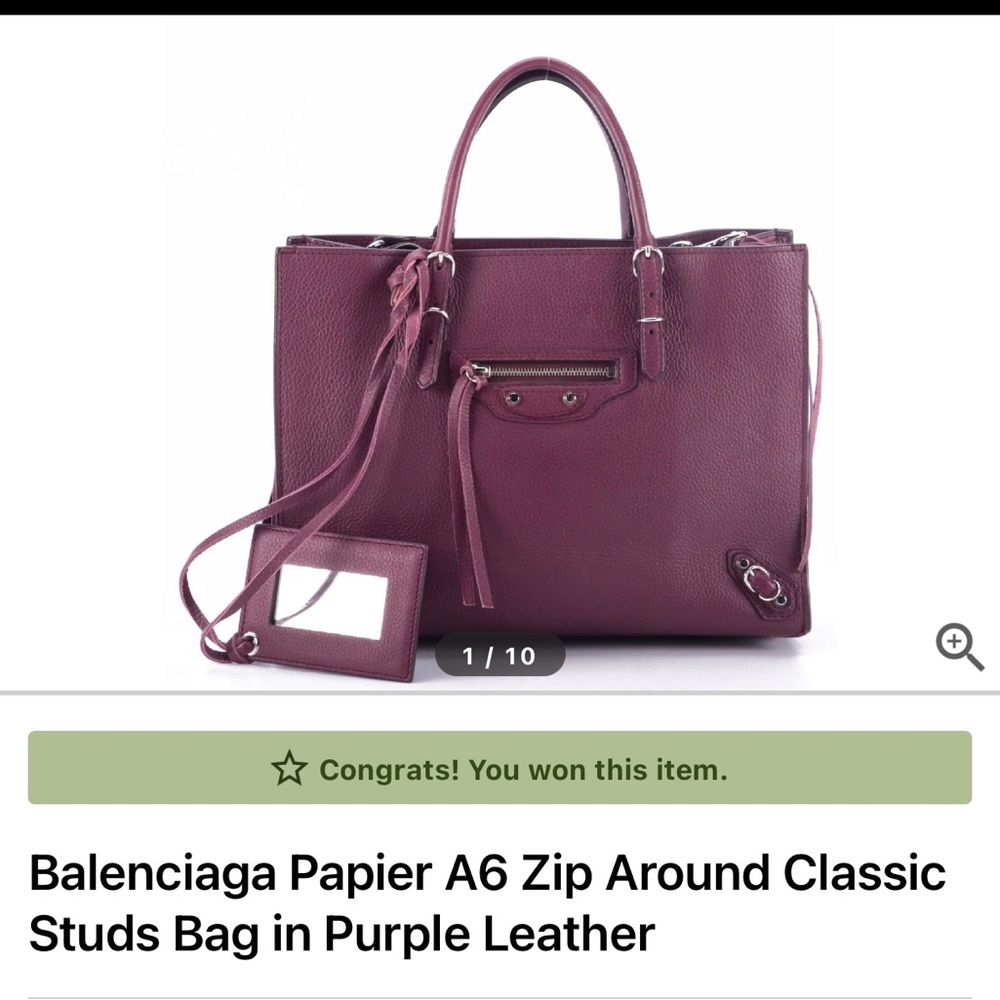Authentic Balenciaga Papier A6 zip around classic studs bag in purple leather